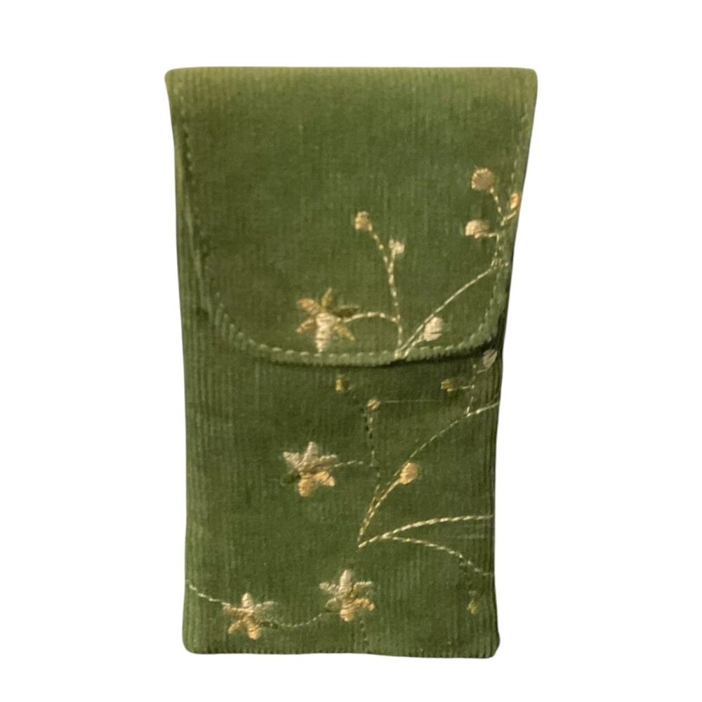 Green Corduroy Embroidered Glasses Case With Floral Design